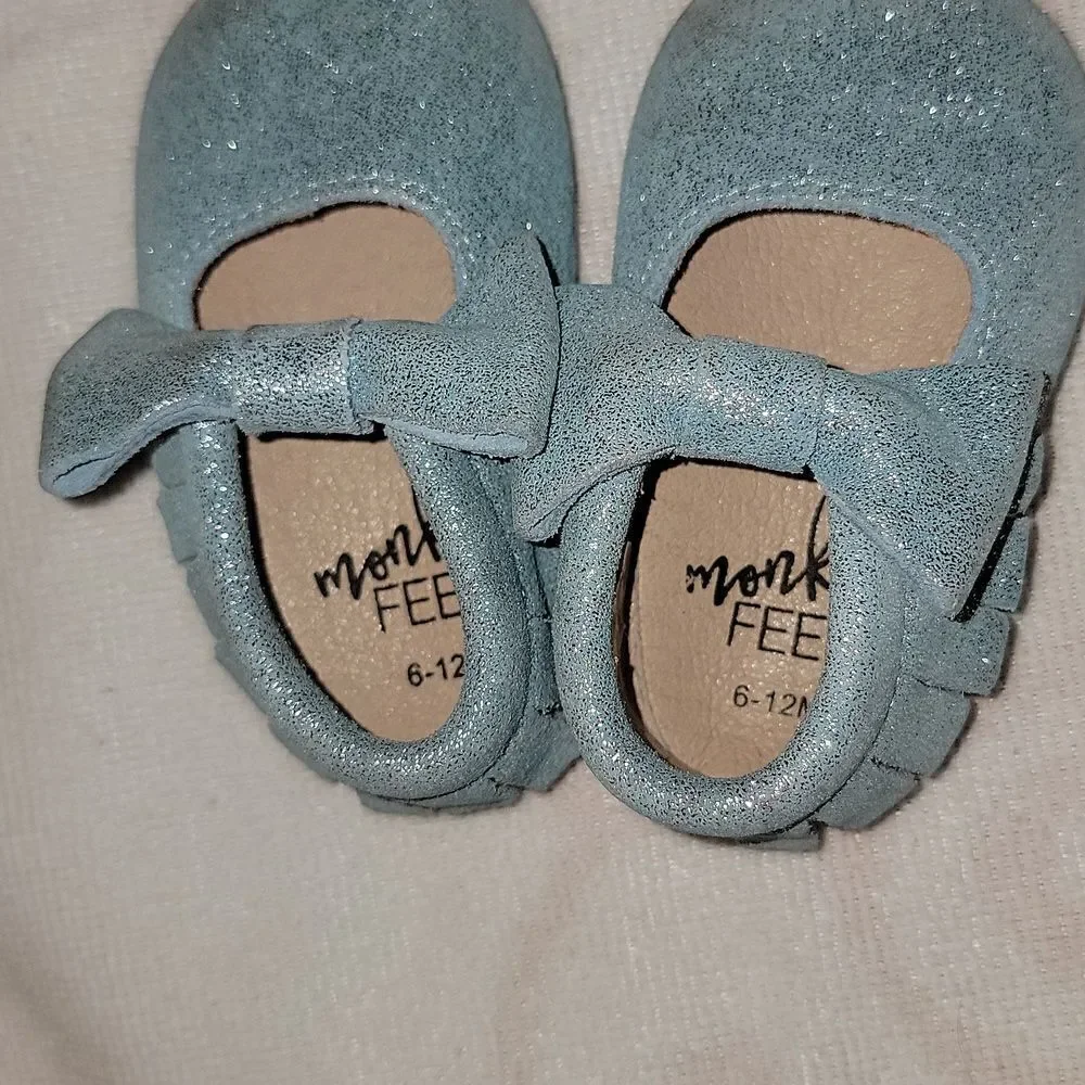 MONKEY FEET Bow & Tassles Leather Soft Sole Leather Moccasins Shoes 6-12 Month